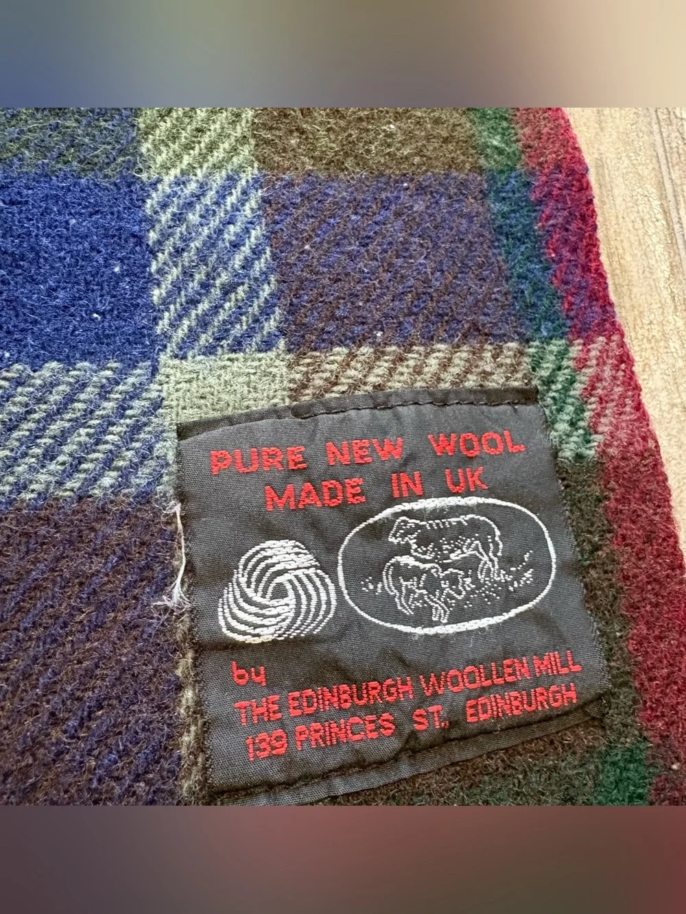 Vtg 100% Pure New Wool Plaid Blanket Red Navy Green Brown 46x48” Fringe Made UK